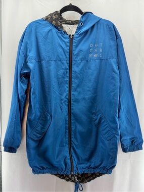 Dutch Bros Blue Hooded Raincoat with Printed Tulip Lining Size Medium